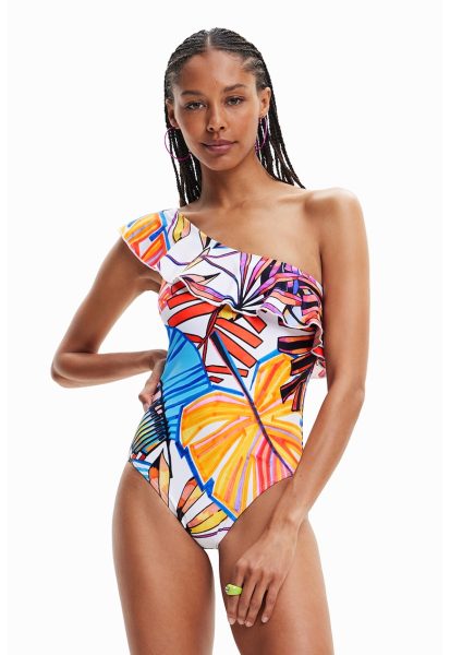 Costum de baie cu decolteu pe un umar si imprimeu tropical
