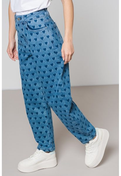 Blugi mom-fit cu talie inalta si model