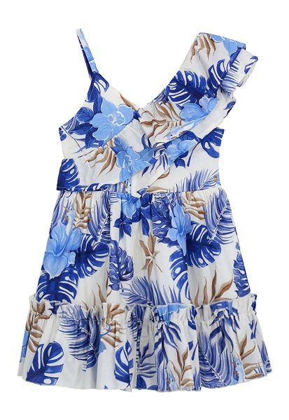 Rochie din amestec de in cu model floral si volane