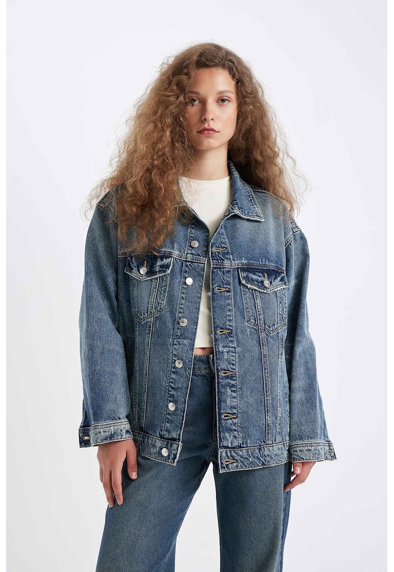 Jacheta din denim cu aspect decolorat