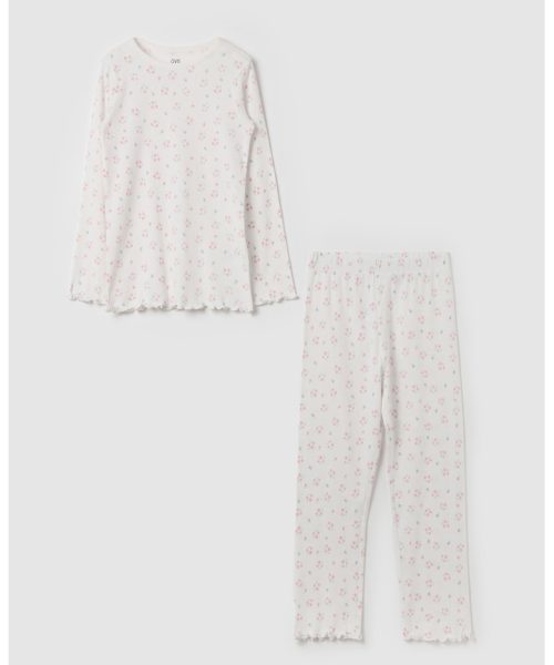Pijama din bumbac cu pantaloni lungi - striatii si model floral