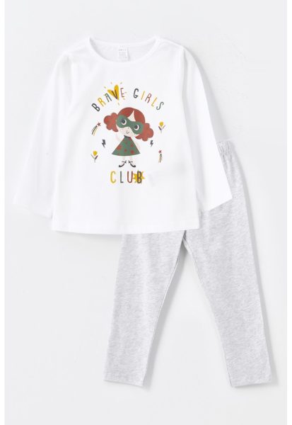 Pijama din bumbac cu pantaloni lungi si imprimeu grafic