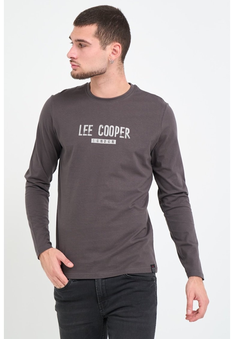 Tricou barbat cu maneca lunga cu imprimeu logo -  Maro