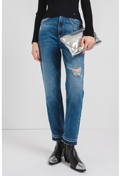 Blugi mom fit crop cu rupturi decorative