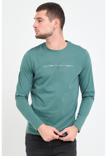 Tricou barbat cu maneca lunga cu imprimeu logo - Verde -
