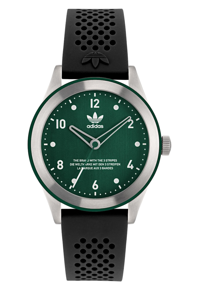 Ceas barbatesc  CODE THREE - curea silicon neagra - carcasa inox argintie - cadran verde