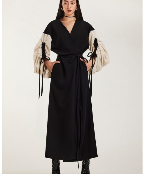 Cardigan lung cu model petrecut si maneci contrastante Astrid