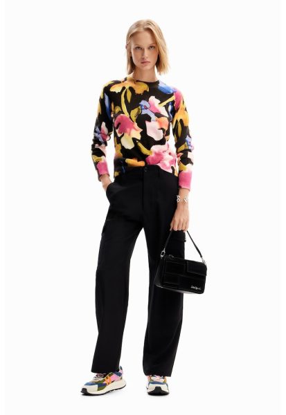 Pulover floral cu margini striate