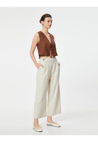 Pantaloni crop din amestec de in cu croiala ampla
