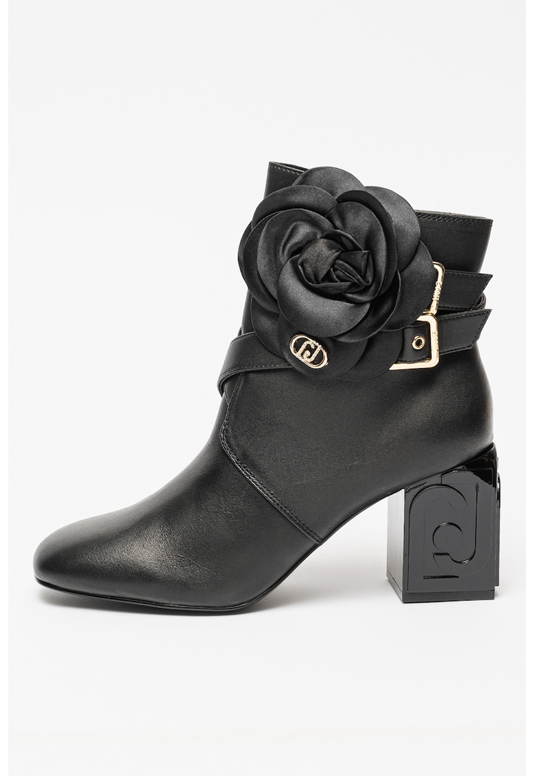 Botine de piele cu aplicatie florala Sara