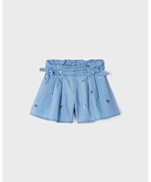 Pantaloni scurti din chambray cu detalii florale brodate