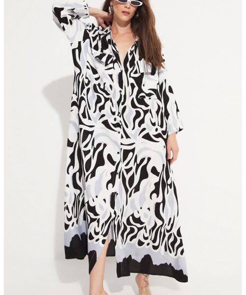 Rochie-camasa supradimensionata cu imprimeu si buzunare aplicate